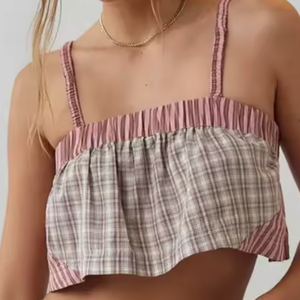 Urban Outfitters Sleeveless Crop Cami Top Stripe Plaid Patchwork M New With Tag‎